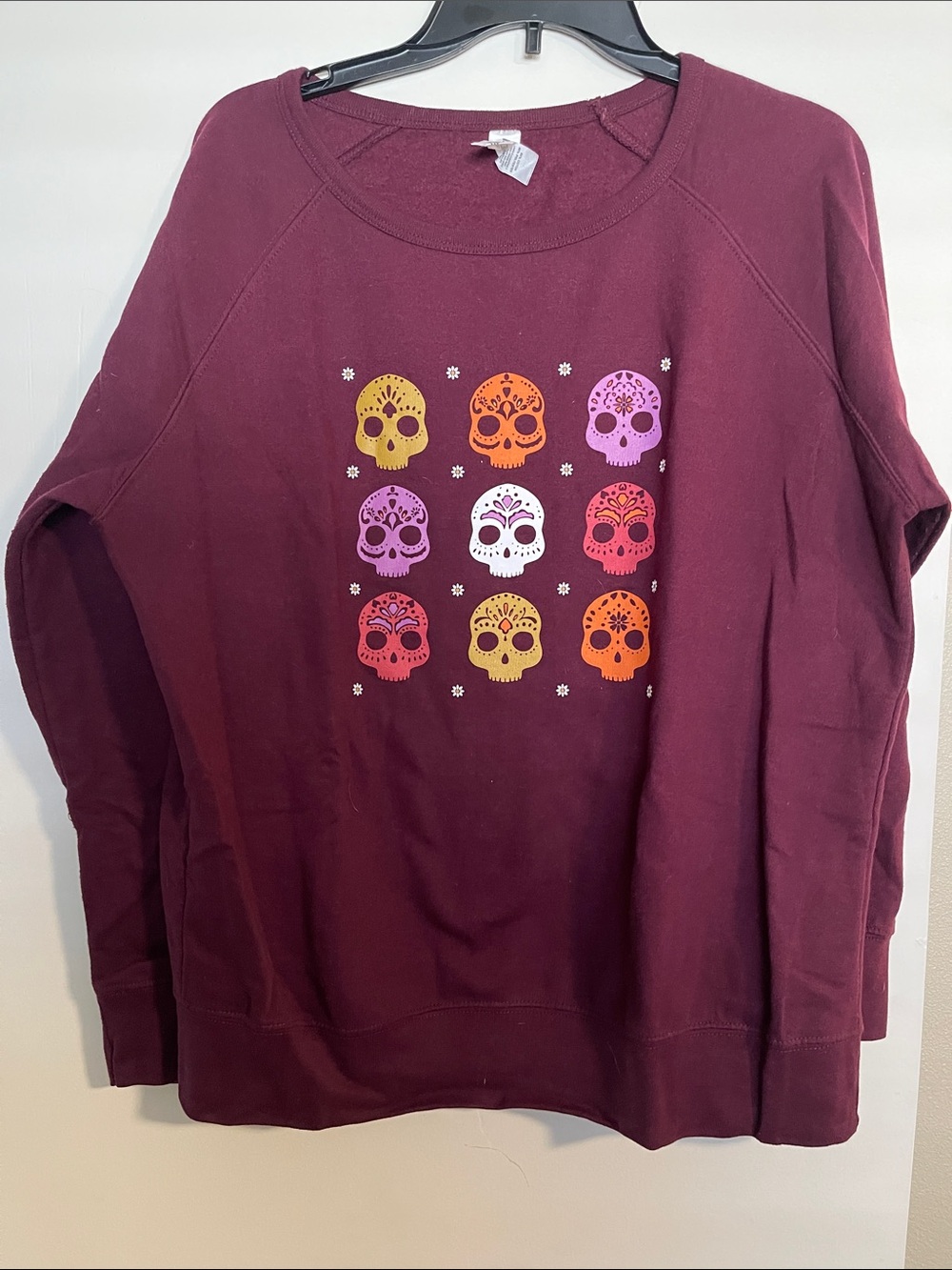 Women's Maroon Crewneck Sweatshirt with Sugar Skull Print